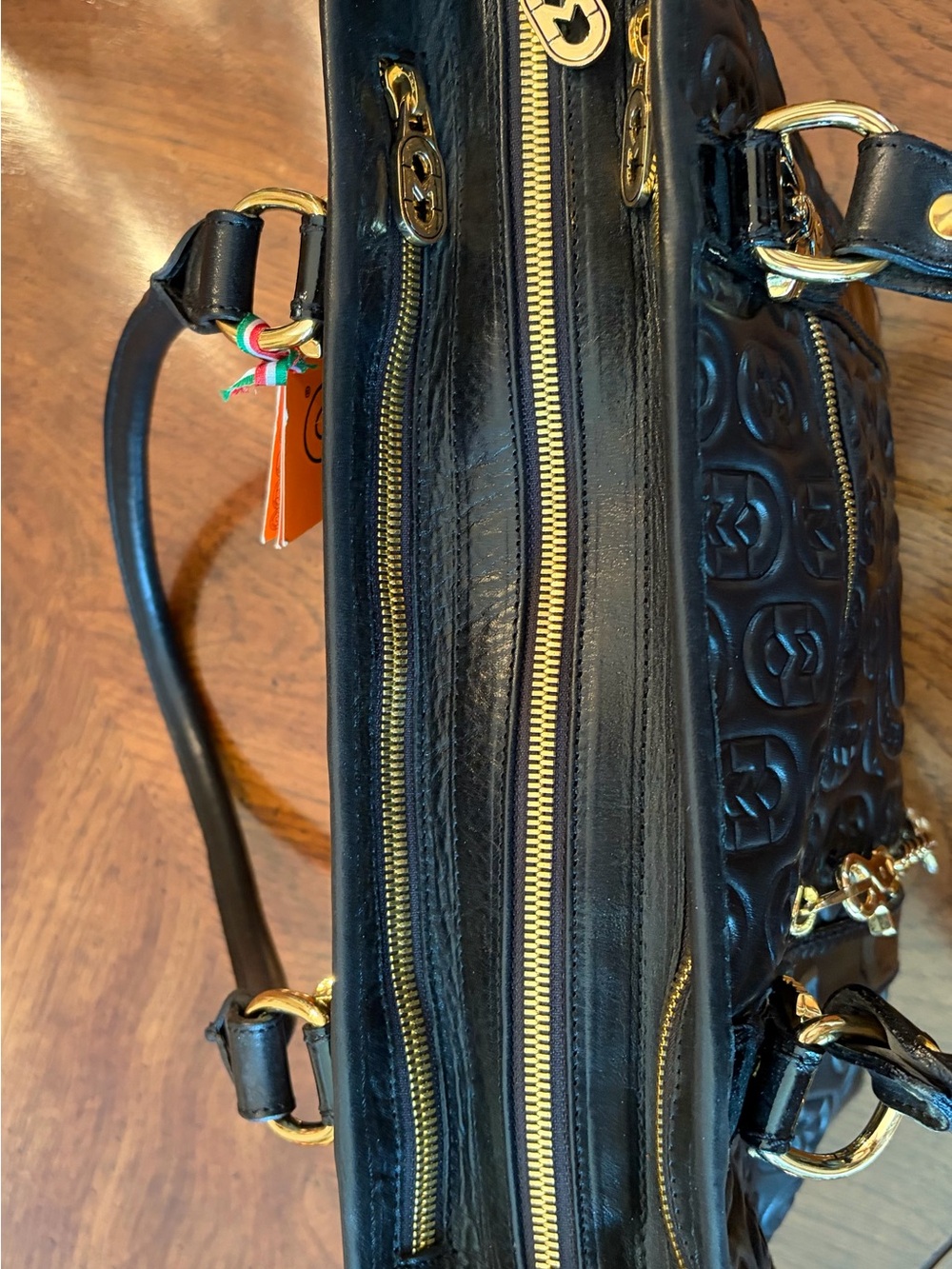 Marino Orlandi Black Quilted Patent Satchel with Gold Charm - Picture 6 of 12